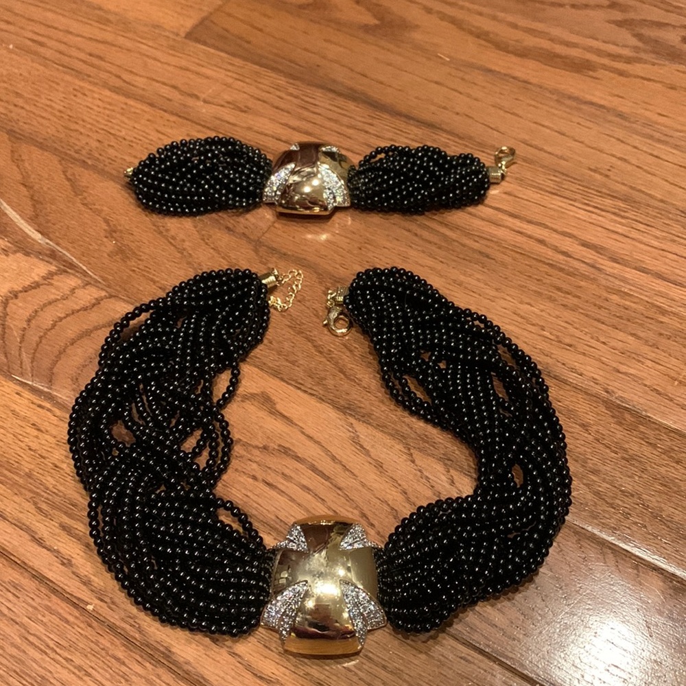 RFM jewelry set, black beaded braided necklace w/ gold accent & crystal studs